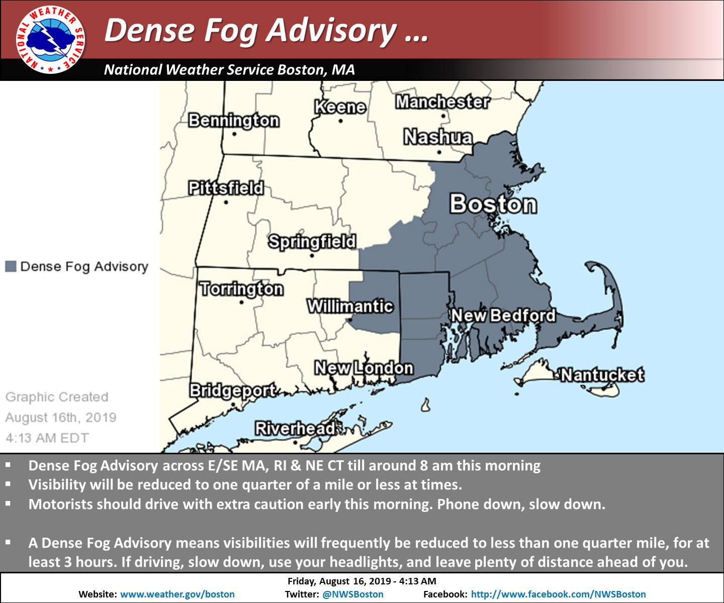 Nws Boston Dense Fog Advisory Through 8 Am Widespread To Mile Visibility But There Will Be Areas Where Visibility Will Be Less Than If Driving Phone Down