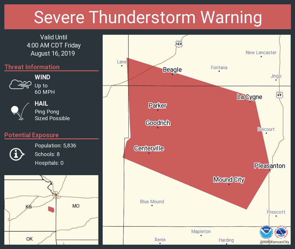 Severe Thunderstorm Warning including Pleasanton KS, La Cygne KS, Mound