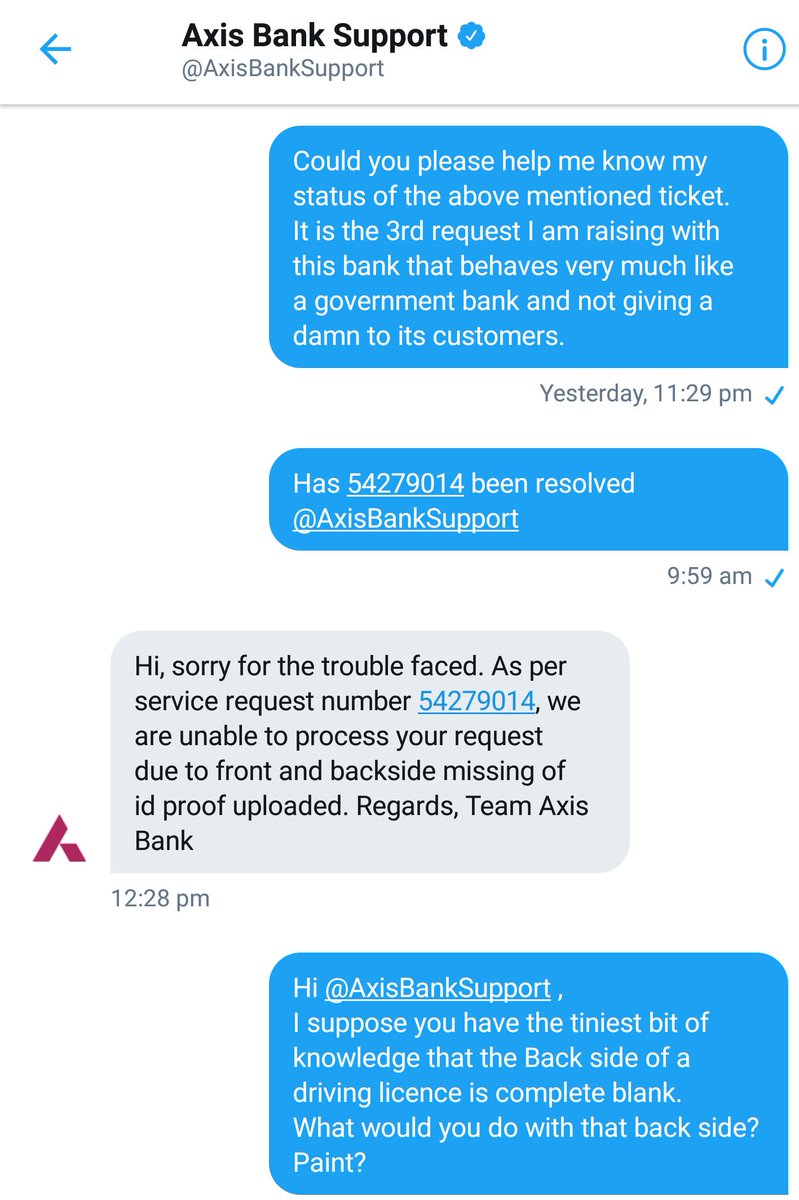 viveknilesh's tweet image. A day dealing wit @AxisBankSupport and @AxisBank is such a task.
I don&apos;t know who is sitting behind that support desk asking for the back side of my driving licence which is completely blank.
#axisbank #axisbanksupport #bank