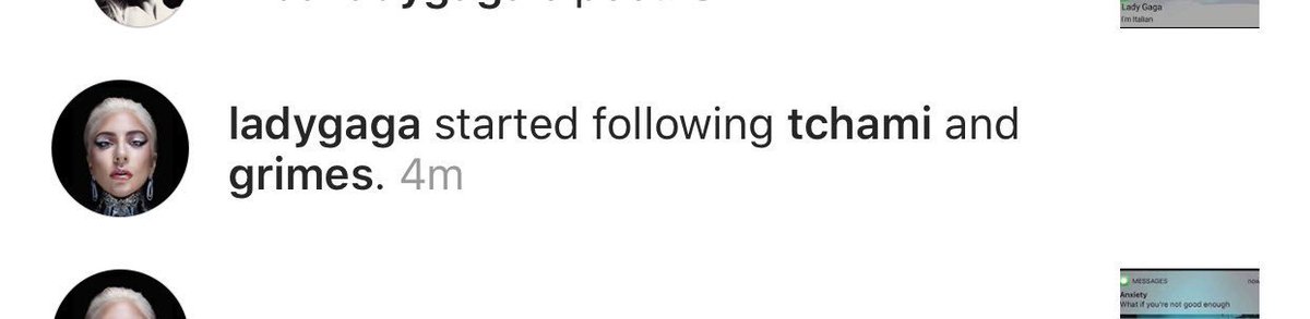 RT @gaganotify: .@LadyGaga started following Tchami and Grimes on Instagram! https://t.co/P4I6gIPHdc