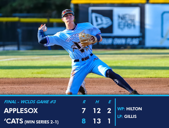 HarbourCats's tweet image. FINAL: 'Cats 8, AppleSox 7

The HarbourCats are going to the WCL Championship Series!! Harrison Spohn plays the walk off hero with a two-run single in the 9th as Victoria comes from behind to stun the AppleSox! #SeasonVII #YYJCats

RECAP: On the way!
BOX: baseball.pointstreak.com/boxscore.html?…