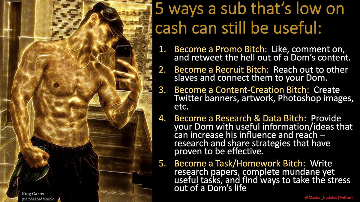MASTER_UPDATES's tweet photo. #Findom is mainly about cash slaves doing what they were born to do, but there are times when a sub can find itself low on funds. Here are 5 ways a #finsub can still be useful. 

Please comment if you have ideas to add to the list. 😊 https://t.co/cXyJSCHfCt