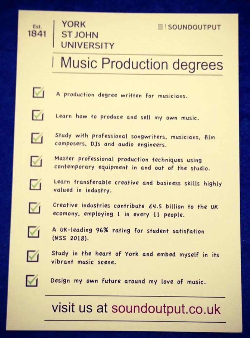 9 GOOD REASONS to join #musicproduction <a href="/YorkStJohn/">York St John University</a> during #Clearing2019 - contact yorksj@soundoutput.co.uk or contact the clearing line yorksj.ac.uk