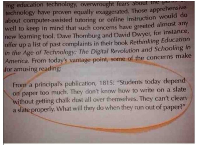 <a href="/EducationWA/">WA Education Summit</a> <a href="/MGGS_CEE/">Education&Enterprise</a> <a href="/JoanneOrlando/">Dr Joanne Orlando</a> (Heavy sigh...) Change in tech is always met with scepticism/suspicion if it requires cultural change (often amplified if it involves education). The world changes so prepare Ss for their world, not ours. Just imagine if our 1st question was always "what if it all goes RIGHT?".