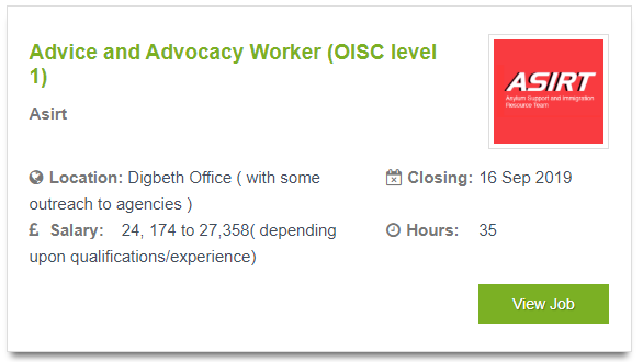 @ASIRT1 are currently looking for an Advice and Advocacy Worker! 

Find out more here: bit.ly/2P91Lh0

#brumjobs #Birmingham #Vacancies #BrumJobsHour