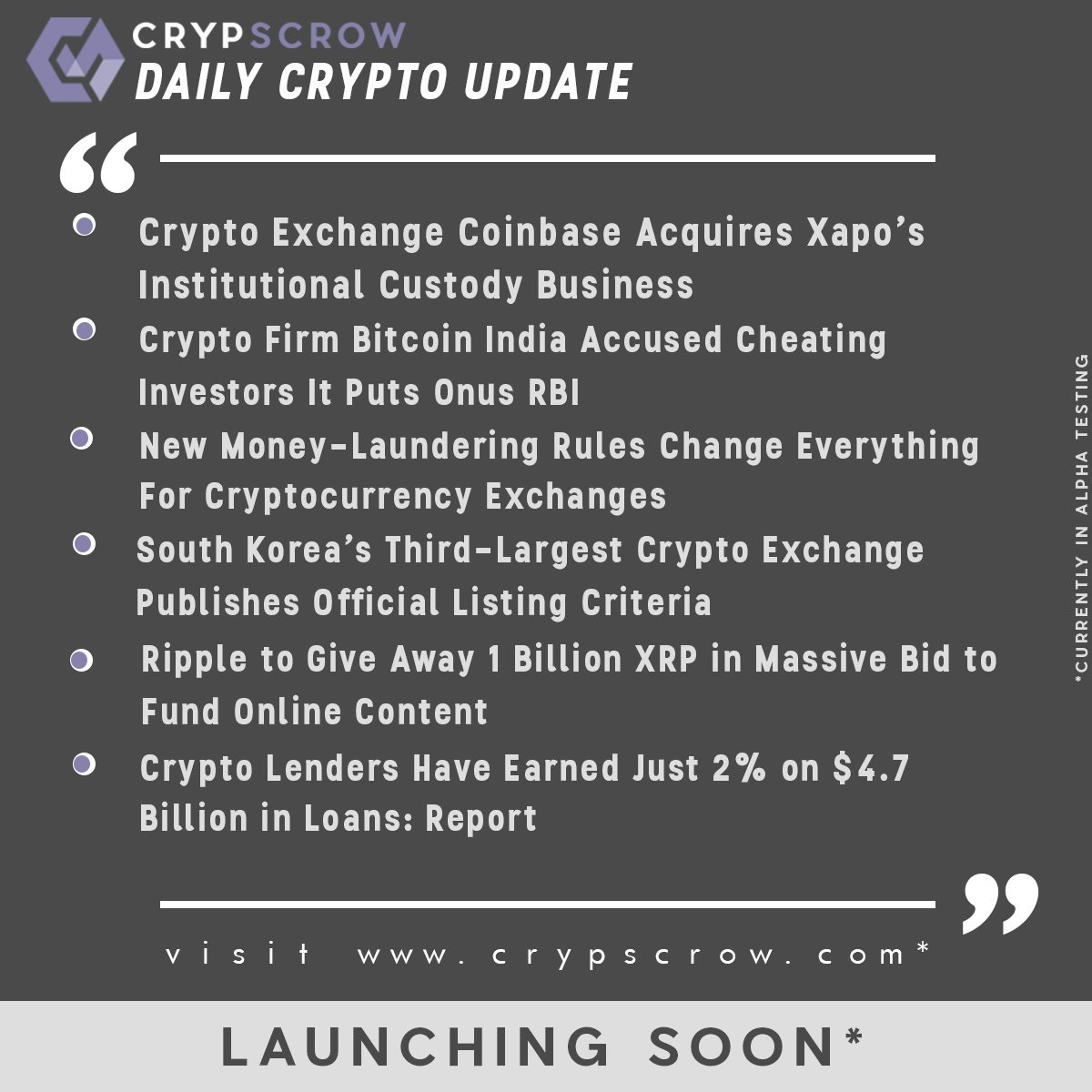 CrypScrow's tweet photo. #dailycryptoupdate #cryptonews #crypscrow #coinbase #acquires #xapo #bitcoinindia #accused #cheating #rbi #moneylaundering #rules #change #cryptoexchanges #southkorea #thirdlargest #exchange #listing #criteria #xrp #massivebid #fund #onlinecontent #cryptolenders #earn #twopercent https://t.co/bGv53Eefhn