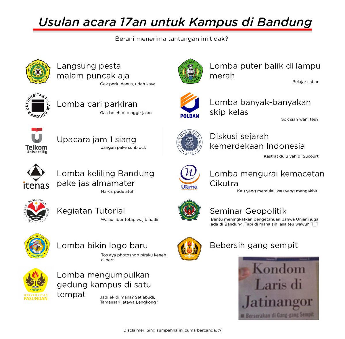 bdgfess's tweet photo. Nih euy ada usulan acara 17an besok buat kalian. Wani teu? https://t.co/wDaC3zxX4i