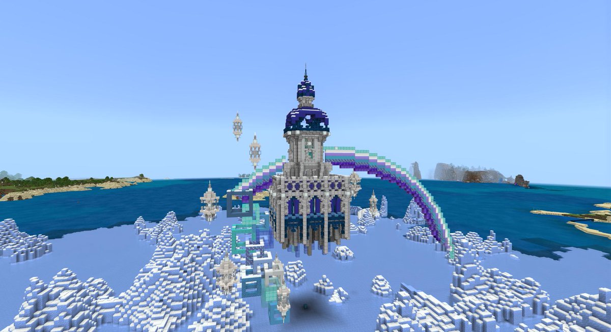 みあ マイクラ Twitterren 氷山のお城 完成 雪が邪魔だなぁと思ってたけど 屋根がストライプみたいな模様になってこれはこれでいいか ｗってしろくま なんでこんなところにｗｗｗ 下から見てもきれいなようにしてみたよ Minecraft Minecraft建築