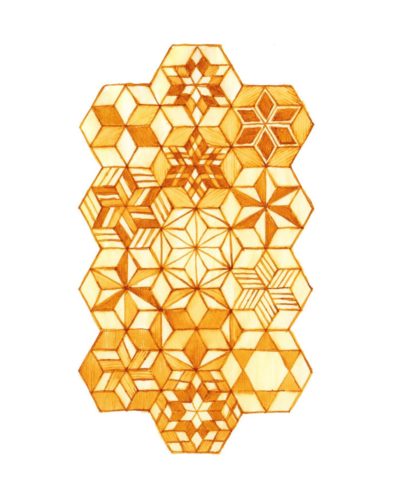 Maria Jose Mar 麻の葉文様寄木細工風バリエーション Md用紙コットンにカスタム912フォルカンとビルマの琥珀 この組み合わせは個人的には描き心地イマイチでした 透かしてなぞるだけで麻の葉やらそれっぽい 幾何学模様やらが簡単に描ける下敷きを作っ