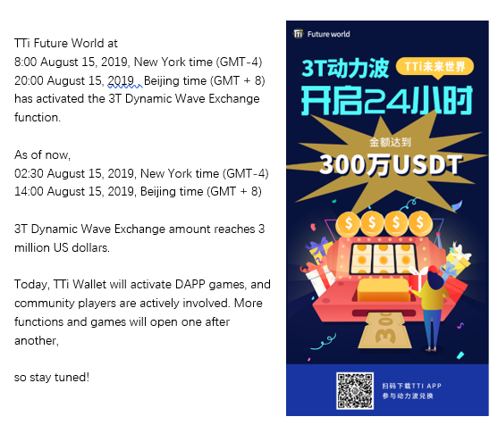 TTi_Community's tweet photo. TTi Future World has activated the 3T Dynamic Wave Exchange function. As of now, 3T Dynamic Wave Exchange amount reaches 3 million US dollars. https://t.co/90Crb7WdTo