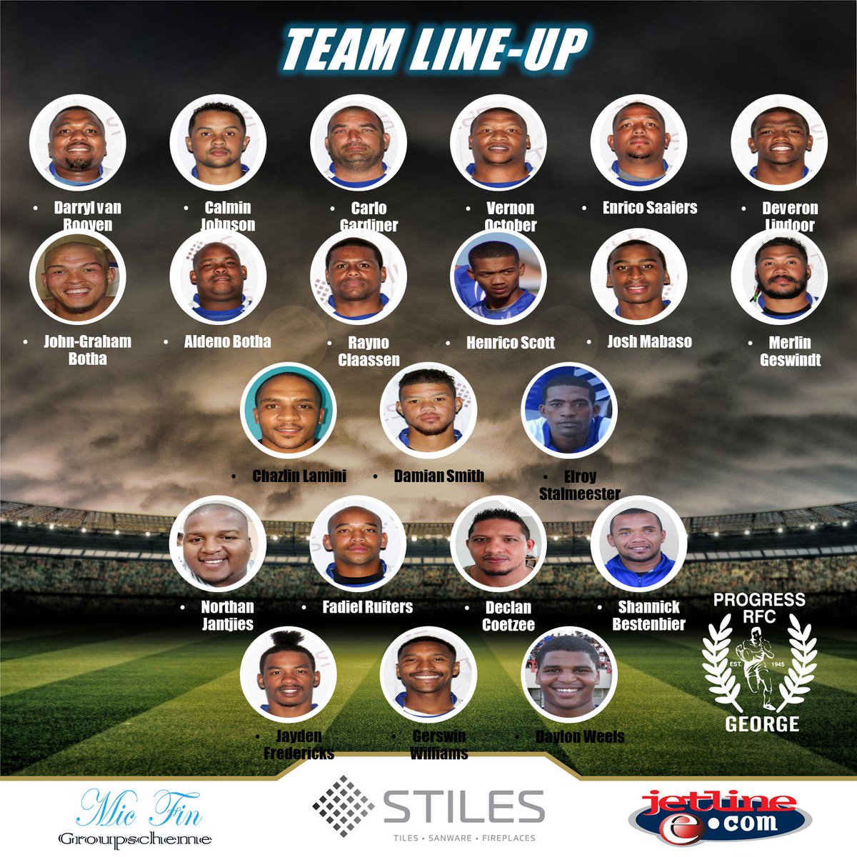 progressrfcswd's tweet photo. Next up:
Stiles Progress RFC
vs
De Dekke Spar Evergreens RFC
AWAY
Tickets available at De Dekke Spar, Beach Road, Pacaltsdorp.
Thanks to Jetline George for the new format of the Team Line-ups.
#houbydieblou
#progress4Christ https://t.co/0uXg822SnF