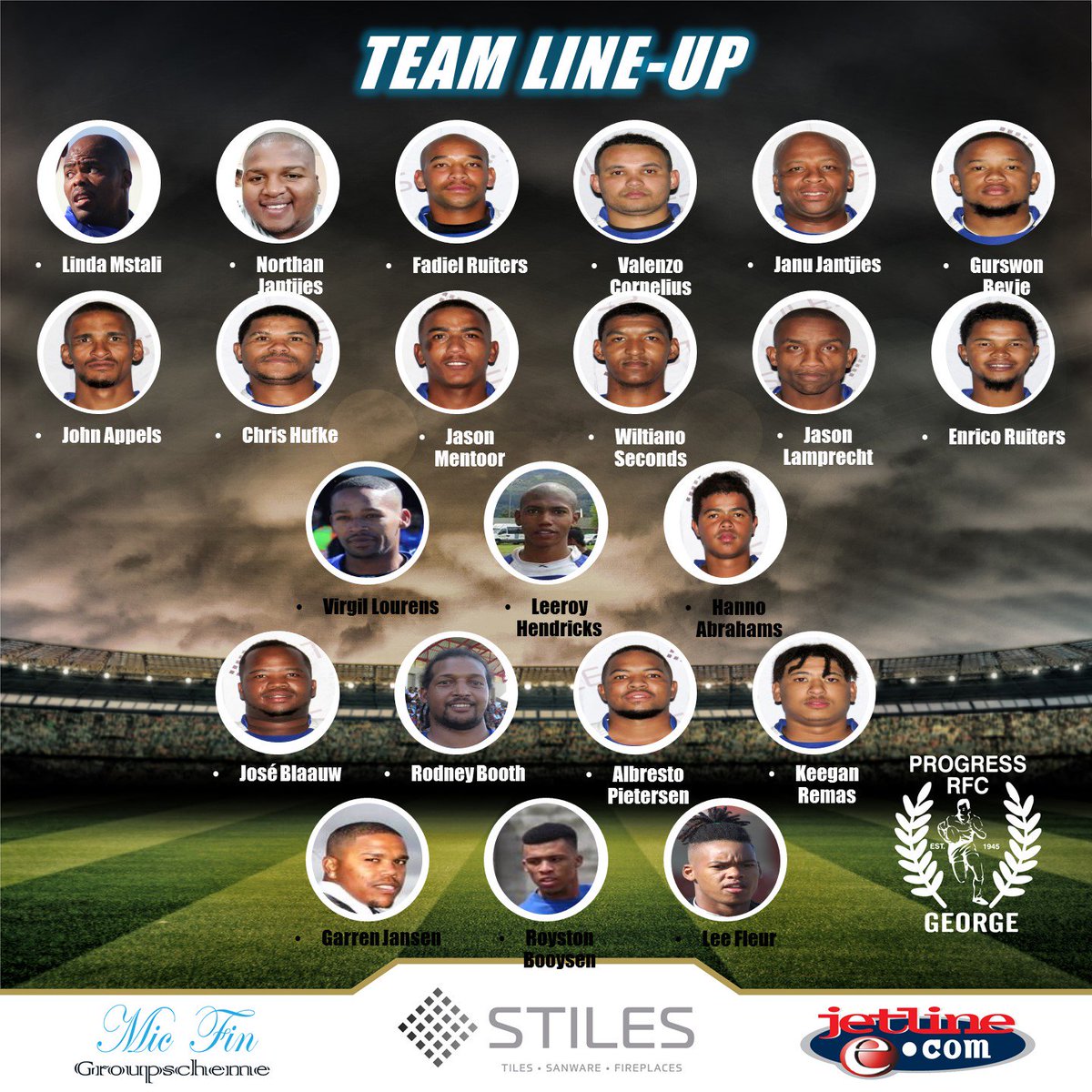 progressrfcswd's tweet photo. Next up:
Stiles Progress RFC
vs
De Dekke Spar Evergreens RFC
AWAY
Tickets available at De Dekke Spar, Beach Road, Pacaltsdorp.
Thanks to Jetline George for the new format of the Team Line-ups.
#houbydieblou
#progress4Christ https://t.co/0uXg822SnF