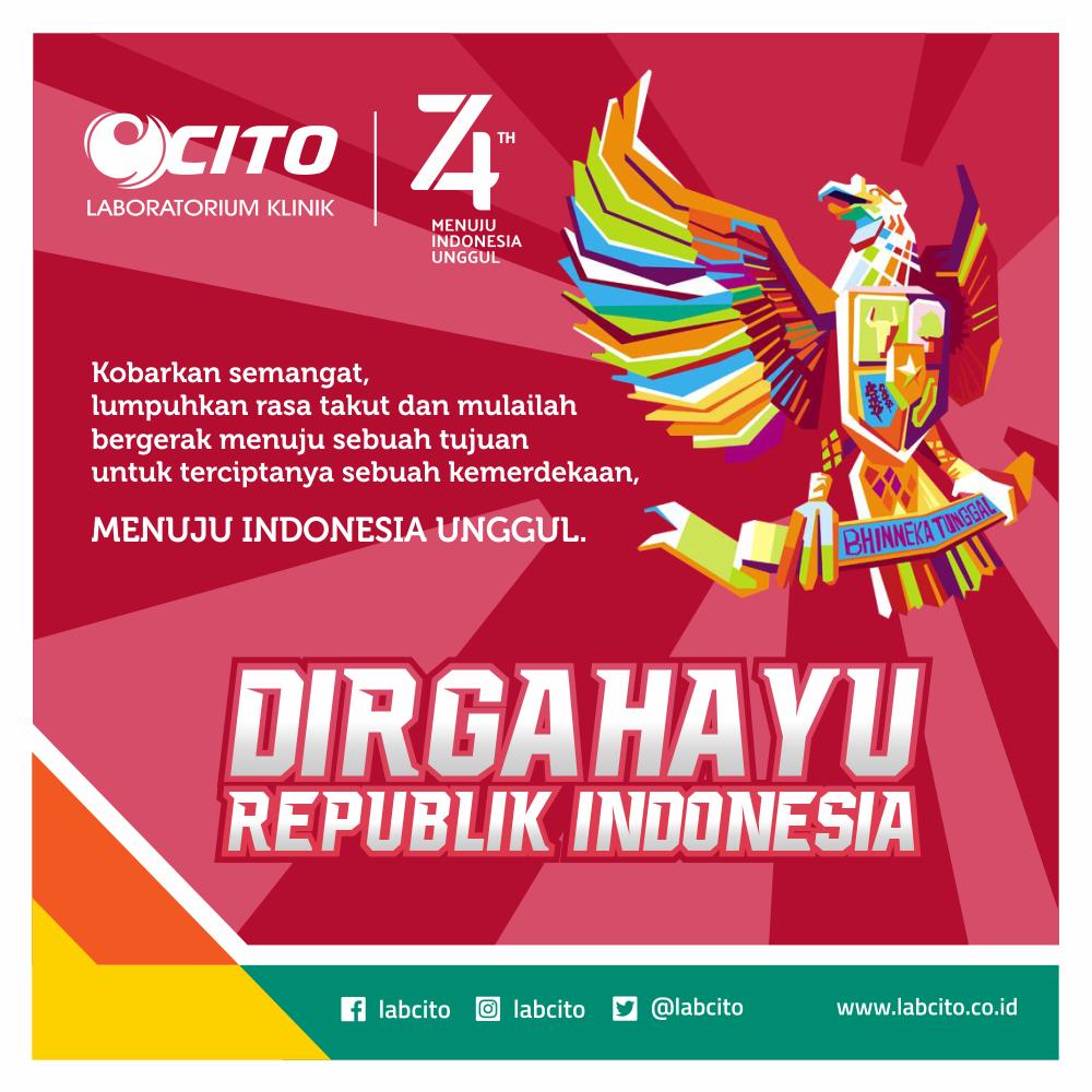 labcito's tweet photo. Selamat Hari Ulang Tahun ke-74 Kemerdekaan Republik Indonesia Tahun 2019
.
MENUJU INDONESIA UNGGUL
.
#labcito #17agustus #kemerdekaan #Indonesia #menujuindonesiaunggul #indonesiasehat #ceklab #hutri #SDMUnggulIndonesiaMaju #HUT74RI https://t.co/WaQno8W57b