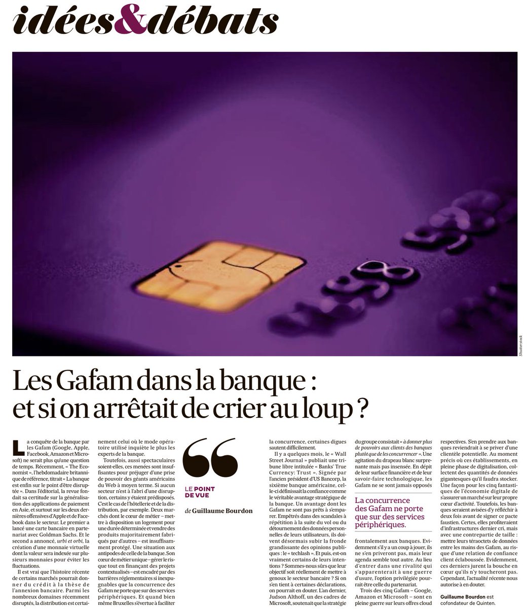 Les #gafam vont ils disrupter la #banque prochainement ? La solide protection reposerait sur la #confiance et le maquis réglementaire. Le vrai danger ? Que les banques hébergent leurs #données clients chez les géants de la tech #GuillaumeBourdon de <a href="/QuintenFrance/">Quinten</a> à lire <a href="/LesEchos/">Les Echos</a>