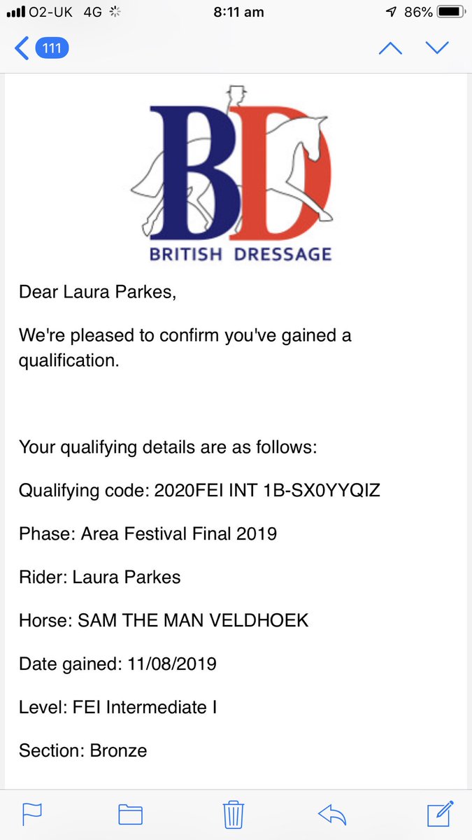 LaurFisher's tweet image. Super excited to have received this qualification email. Ozzie and I have qualified for the Inter1 in just two outings at this level 🥳🥳💪🏼 #TheDressageHour