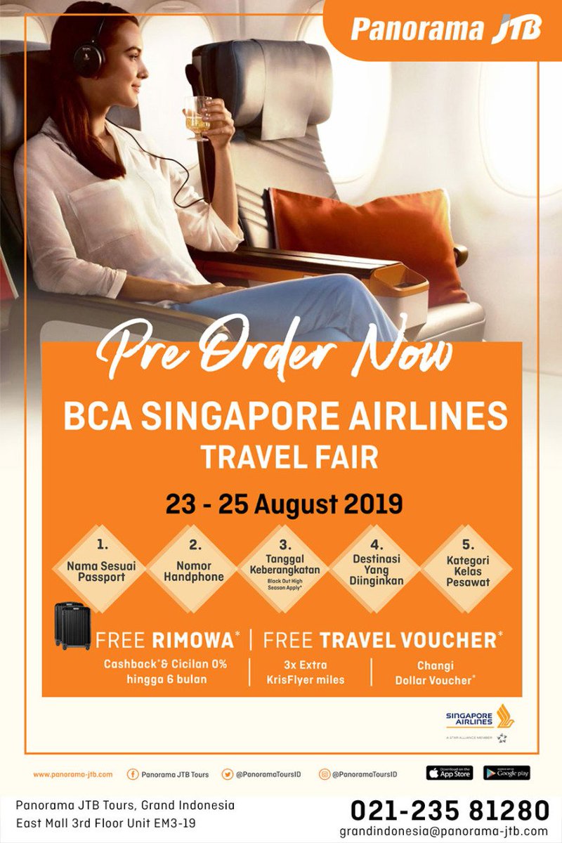 grandindo's tweet photo. Get Ready for BCA Singapore Airlines Travel Fair! Pre Order Your Tickets Now at:
Panorama JTB Tours Grand Indonesia
East Mall level 3 unit EM-3-19
P: 021 – 2358 1280
E: grandindonesia@panorama-jtb.com
#BebasRibet #PerfectExperience #travelgram #placetogo #travelbook https://t.co/yw4k7HBH0Z