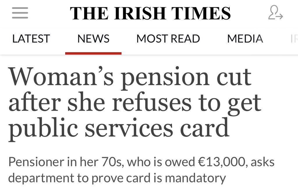 And the same few journalists produced story after story on the  #PSC.But one person made more of an impact on bringing this story to the wider public and turning it into a debate.This lady here:  https://www.irishtimes.com/news/social-affairs/woman-s-pension-cut-after-she-refuses-to-get-public-services-card-1.3194216?mode=amp