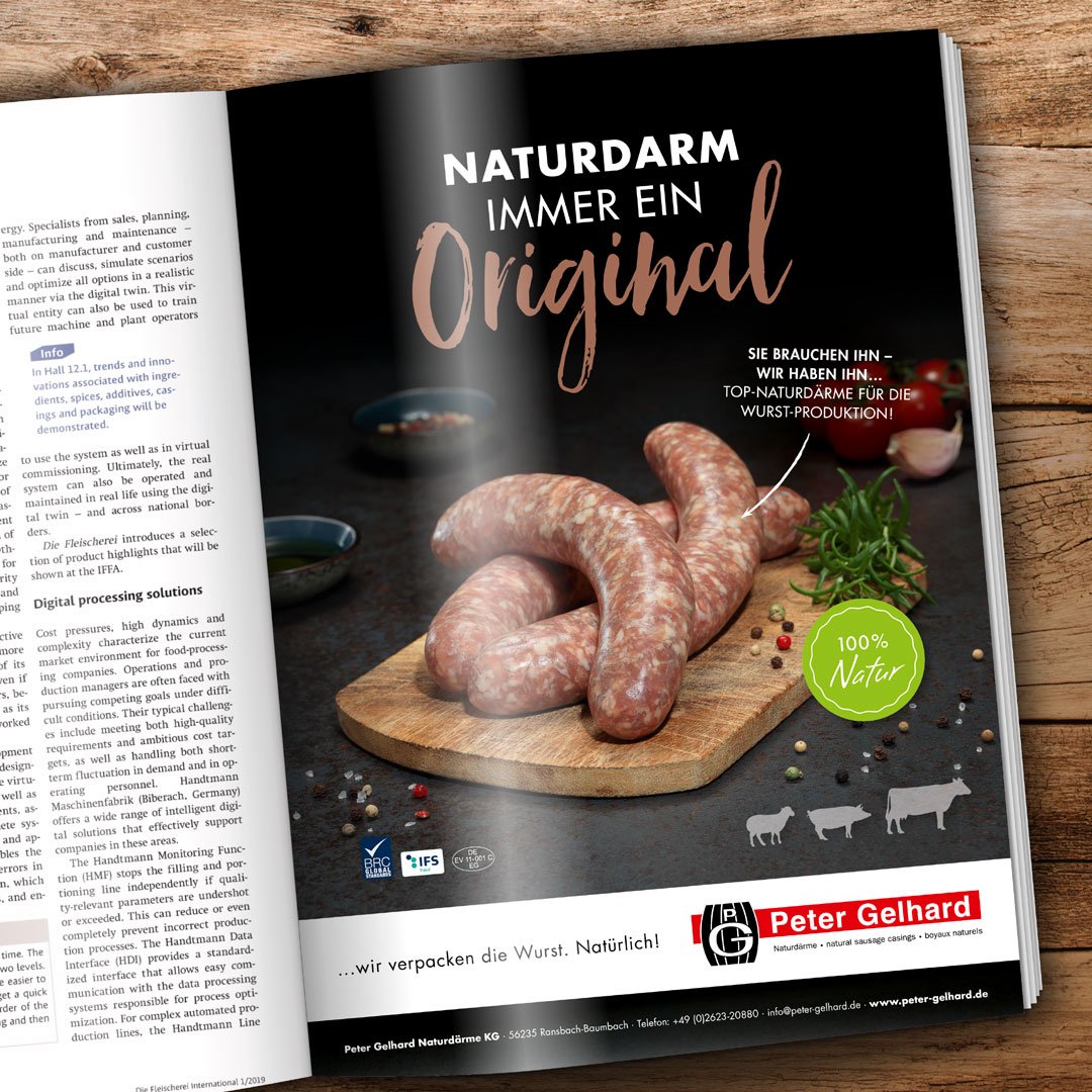 Macht Lust auf Bratwurst im Naturdarm. Am 16. August feiern US-Wurst- und Grillfans in den USA den “National Bratwurst Day“ #NationalBratwurstDay. Fachhandelsanzeige für Peter Gelhard Naturdaerme #naturdarmimmereinoriginal #naturdarm #anzeigenwerbung  #marketingneudenken