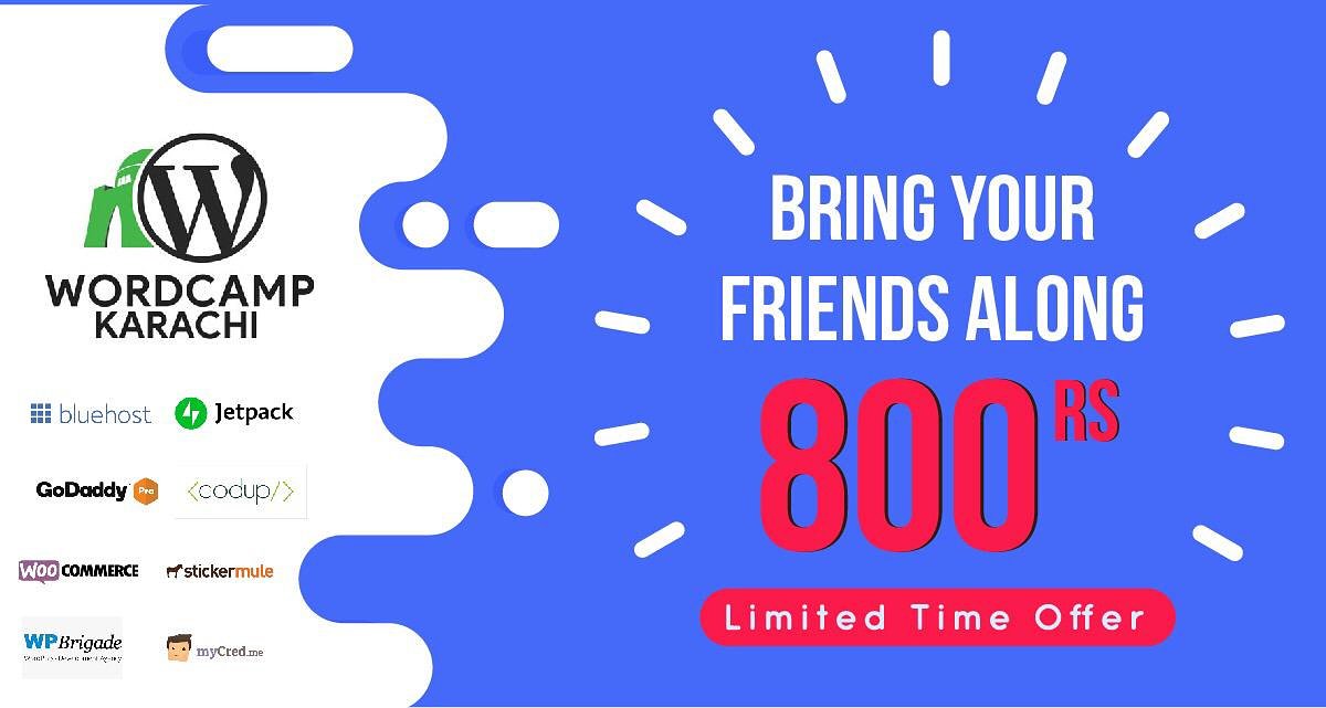 WordcampKarachi's tweet photo. For all people who have already bought the tickets, we've got something for you.
Bring as many friends as u can with you  just for RS 800. Bring your friends along with you on 24th August 2019 at NED.
Register:
https://t.co/uRrebcYKkT

#WCKHI #WordCamp #WordPress #WordCampKarachi https://t.co/xbxWeCuxRz