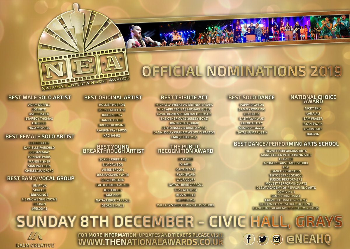 £XCLUSIVE!
OUR NATIONAL ENTERTAINMENT AWARDS 2019 NOMINEES ARE REVEALED! 🔥

A huge congratulations to our official nominations from all over the country, including the Southern, Midlands, Northern &amp; Welsh regions! 🌍

We look forward to seeing you all on Sunday 8th December!