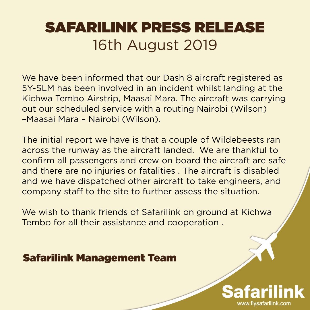 A SAFARILINK PLANE hits wildebeest that were running across runway as it landed in Maasai Mara, firm says passengers, crew safe.