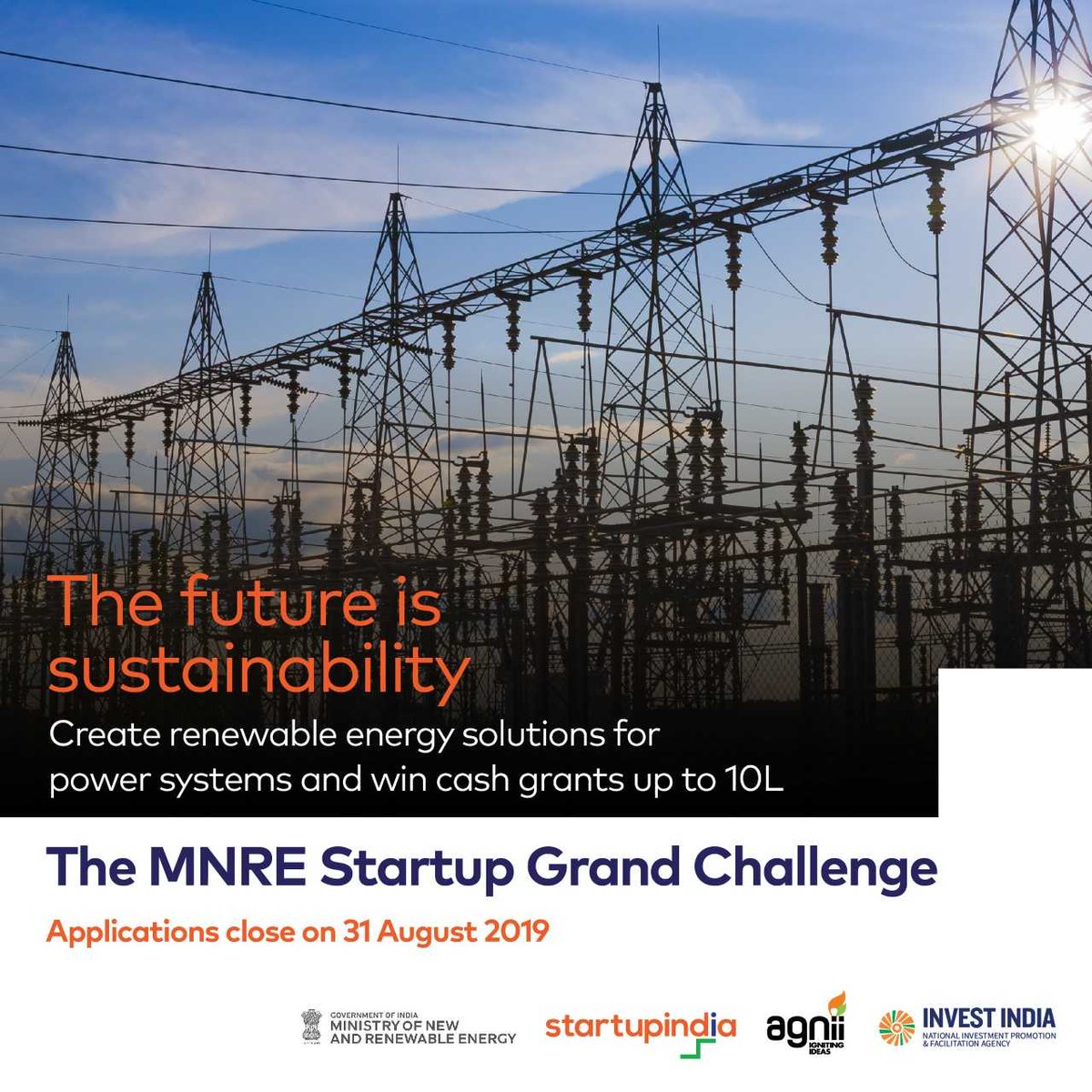 startupindia's tweet photo. Think you’ve got the brainpower to transform power systems? Prove it by entering the 'MNRE Startup Grand Challenge', devise renewable energy solutions for issues that affect all of us, &amp; win cash grants up to INR 10 Lakh. 

Find more details at https://t.co/w83IBxTY3t. @mnreindia https://t.co/cQ5kfoYmHe