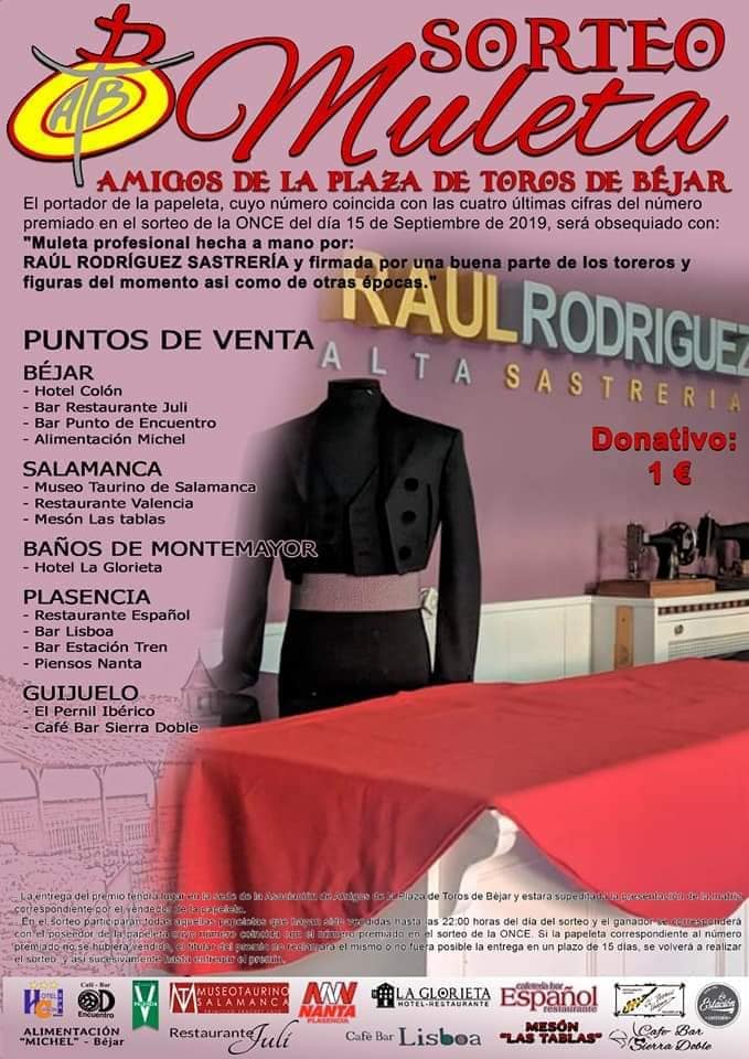 APTorosBejar's tweet photo. Hoy estaremos en la #FeriaTaurinaDeGuijuelo vendiendo papeletas para el #SORTEO de nuestra muleta que ya contiene la firma de más de 20 toreros.
#SorteoMuleta #SORTEOMuletaAPTorosBejar
#TorosGuijuelo2019 https://t.co/Yg4h8PDPB8