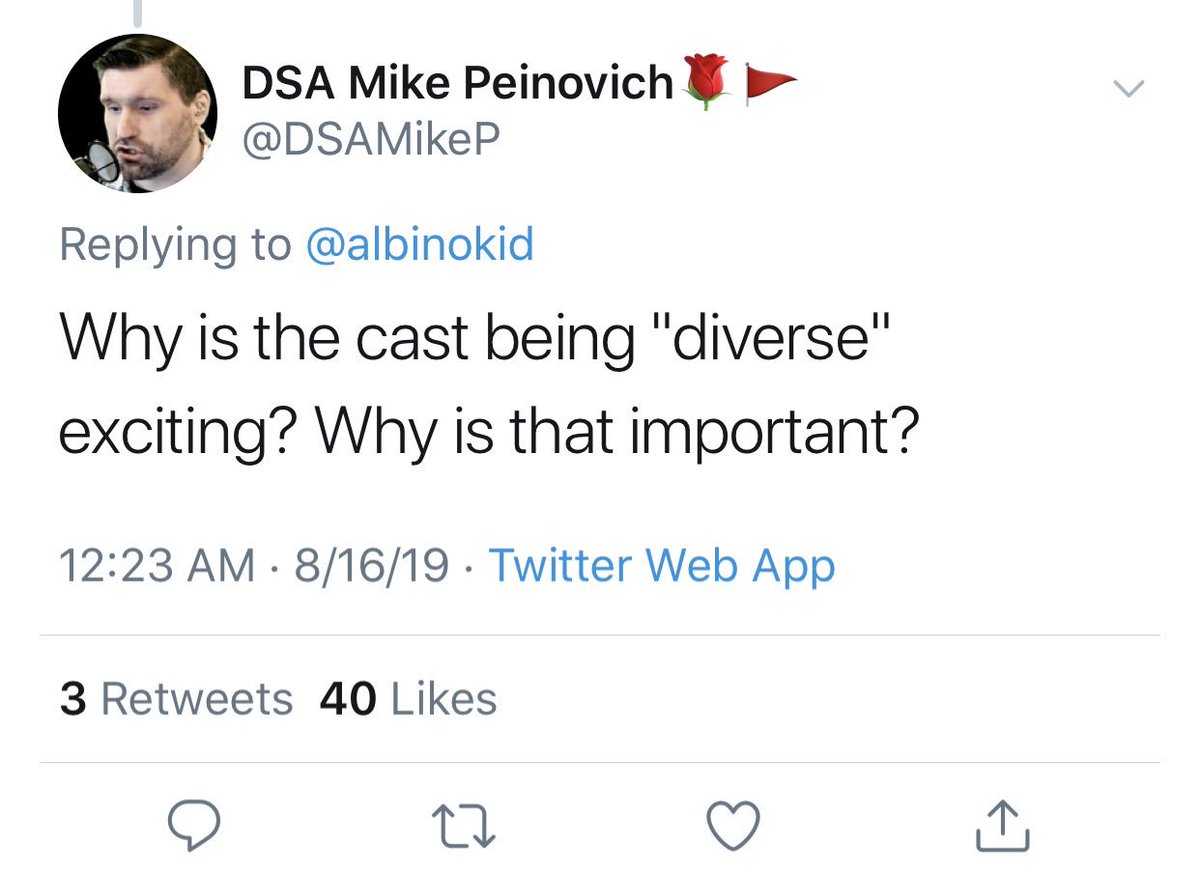 albinokid's tweet photo. I welcome more responses, but I’ll answer @DSAMikeP as best I can: Because for over a century, our screens were dominated by images of white people, just as the rest of our culture was. The thing is, there are tons of non-white people on this planet who deserve to be seen. https://t.co/uIoYcyVXMA