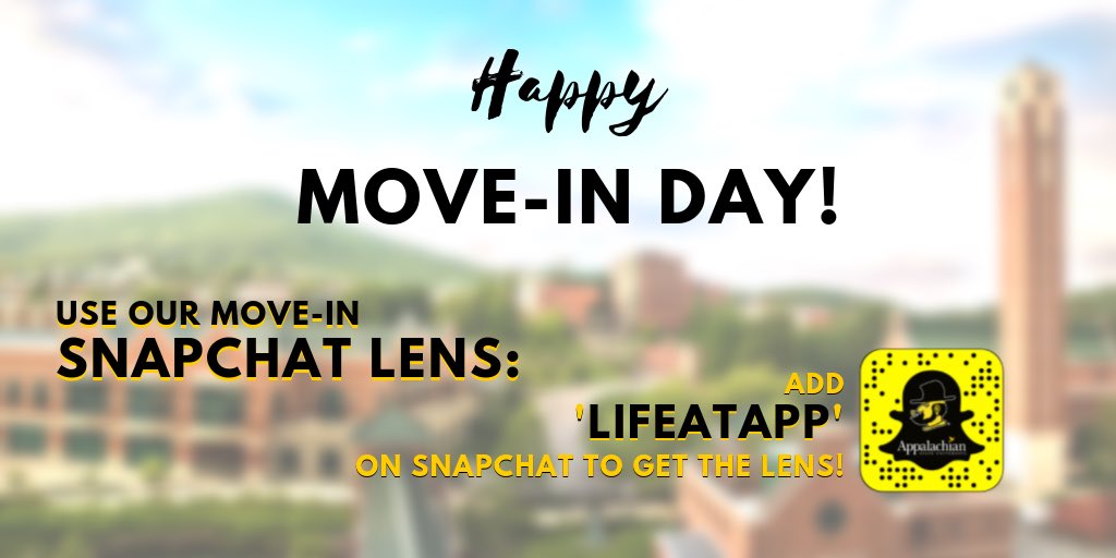 appstaterha's tweet photo. App State’s class of 2023 is moving in TODAY!! 🎉 
Share all these exciting memories using @appstate snapchat filter! Just add “lifeatapp” on snapchat and watch their story to find it 👻 
Happy move in! Keep an eye out for RHA staff in each building 🤠 https://t.co/GkhuHmmZTf