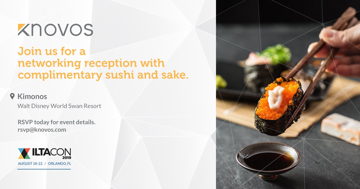 KnovosOfficial's tweet photo. Join us for a networking reception with complimentary sushi and sake. RSVP today for event details. Email us at rsvp@knovos.com
#iltacon19 #iltacon2019 #ediscovery #orlando #legaltech #datagovernance #infogov #casemanagement #Knovos #PowerOverData @ILTANet @ILTAConf https://t.co/lI2HMav2Do