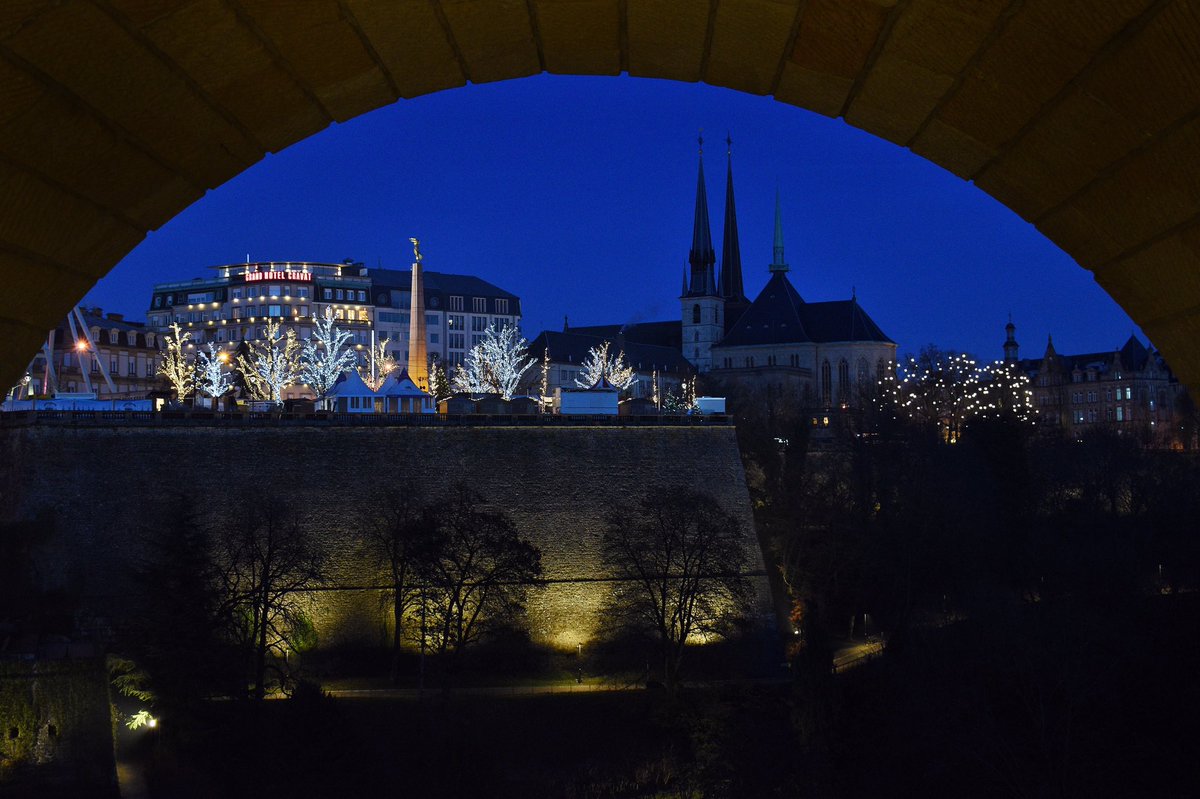 PokyLilWanderer's tweet photo. This is another shot during #bluehour taken from the lower deck of the Adolphe Bridge in Luxembourg framing the Notre Dame Cathedral and Ville Haute quarter for @KinoAlyse #bluehourweek https://t.co/05gwlSpziw