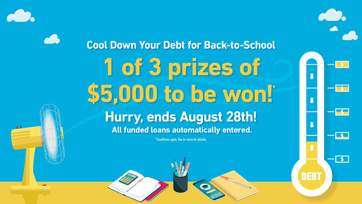 easyhomeCA's tweet photo. We can help you stay on top of your summer bills and be prepared for any back-to-school expenses! Get a loan by August 28th and be entered for 1 of 3 chances to win $5,000*! See site for full offer details: https://t.co/gTadzTvmm3 https://t.co/XBOgXN0bov