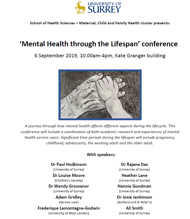 Interested in mental health? 
FREE conference on 'Mental Health through the Lifespan' at University of Surrey on 6th Sept. Presentations from researchers &amp; service users. All welcome to attend. 
<a href="/UniOfSurrey/">University of Surrey</a> <a href="/healthscisurrey/">Health Sciences Surrey</a> 
Register here: store.surrey.ac.uk/conferences-an…