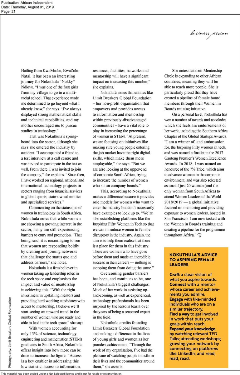 With women accounting for only 13% of STEM graduates in SA, <a href="/NokuthulaNokky/">Nokuthula Ndlovu</a> believes that #Mentorship &amp; access are key to women taking up #Leadership roles in the tech space, see more in the August issue of  <a href="/AfricanIndy/">African Independent</a>