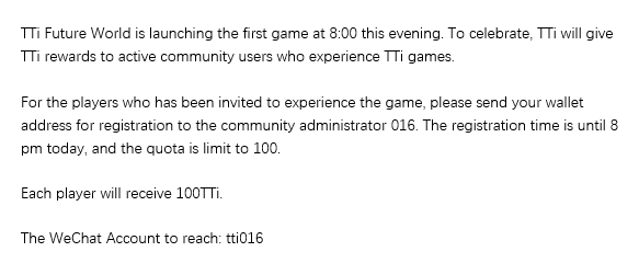 TTi_Community's tweet photo. TTi Future World is launching the first game at 8:00 this evening. Join to win TTi rewards! https://t.co/Ousyn8T01u