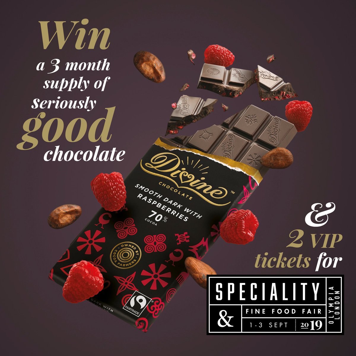 We’ve teamed up with <a href="/divinechocolate/">Divine Chocolate</a> to celebrate that we’re both 20 this year! 

To win 2 VIP passes and a 3 months’ supply of chocolate all you have to do is:
1 like &amp; RT this post
2) follow 
<a href="/divinechocolate/">Divine Chocolate</a>
and 
<a href="/SpecialityFair/">Speciality & Fine Food Fair</a>

Good luck!