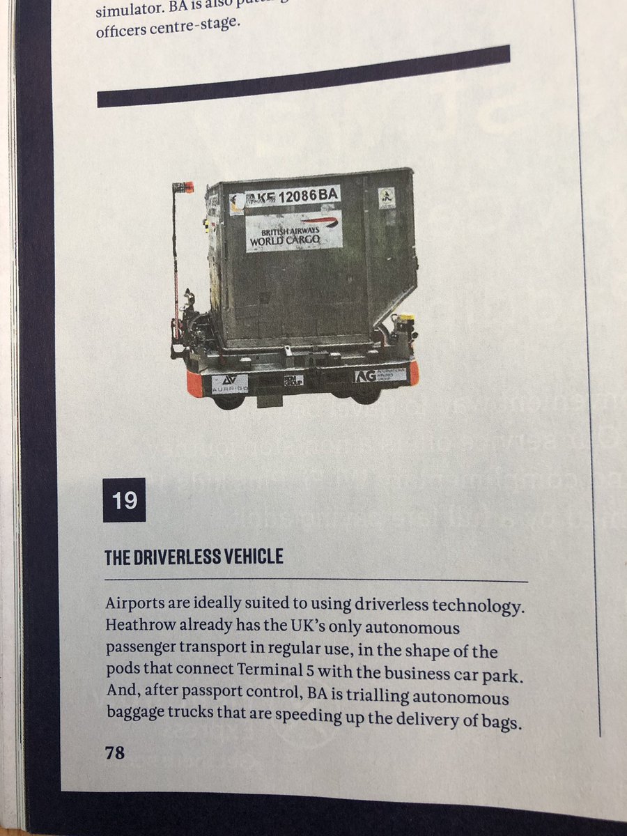 bob (@drricf) on Twitter photo If you’re flying with <a href="/British_Airways/">British Airways</a> this month you might notice our autonomous baggage dolly as part of the in flight mag feature ‘The Future in Ten Objects’. A perfect application of autonomy to increase efficiency and reduce costs.
See link for more aurrigo.com/news/2019/06/a… If you’re flying with <a href="/British_Airways/">British Airways</a> this month you might notice our autonomous baggage dolly as part of the in flight mag feature ‘The Future in Ten Objects’. A perfect application of autonomy to increase efficiency and reduce costs.
See link for more aurrigo.com/news/2019/06/a…