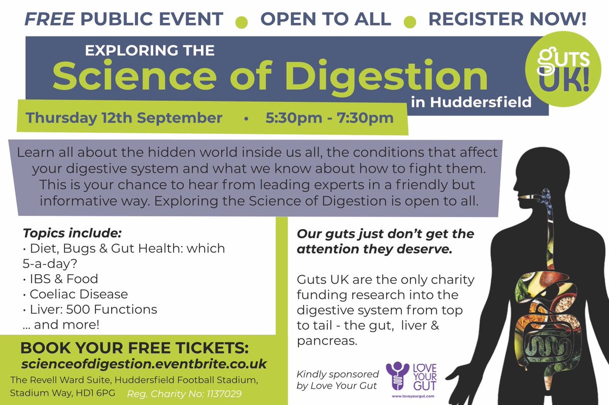 GutsCharityUK's tweet image. Tickets are going like hot cakes for our Science of Digestion Event in Huddersfield. Exploring the Science of Digestion is your chance to hear from leading experts in a friendly, informative way. Book your free tickets here: eventbrite.co.uk/e/huddersfield…