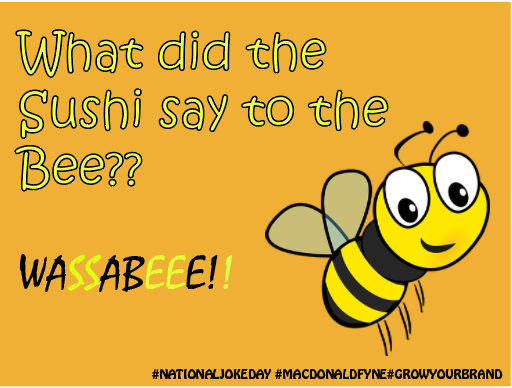 macfyne's tweet photo. Happy National Joke Day!
What is your favourite or most cheesy joke?
The team at Macdonald Fyne would love to hear it! 
#nationaljokeday #funny #funnyjokes #dadjokes #cheesyjokes #makeyourteamlaugh #growyourbrand #promomerchandise https://t.co/ZyPyk0l4zp