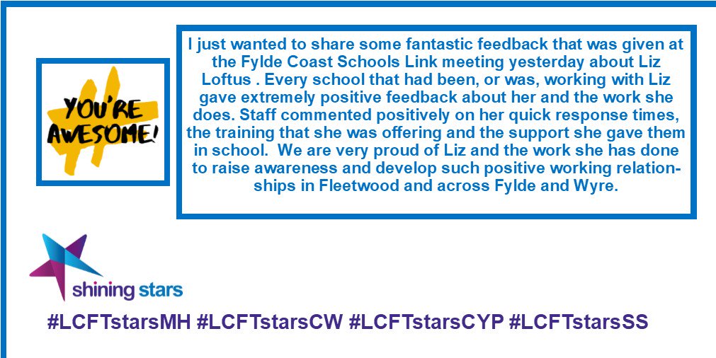WeAreLSCFT's tweet photo. "Liz Loftus always goes the extra mile to support the community to recognise and respond to the mental health needs of Children and Young People through her fantastic work."
#LCFTstarsMH https://t.co/BGTILezfiw