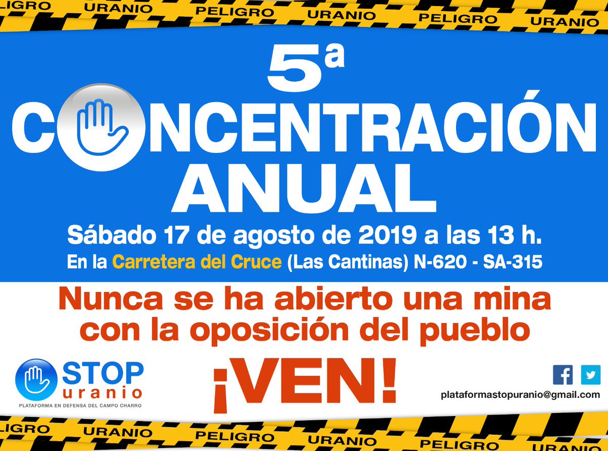 Mañana concentración en el cruce de Fuentes de San Esteban a las 13:00h.

Digamos "No a la mina de uranio"
Demostremos que no nos rendimos.. NUNCA
La administración tiene que parar este proyecto radiactivo.
<a href="/alferma1/">Alfonso F. Mañueco</a> @PopularesCyL <a href="/PSOE_CyL/">PSOE Castilla y León</a> <a href="/PSOE/">PSOE</a> <a href="/sanchezcastejon/">Pedro Sánchez</a>