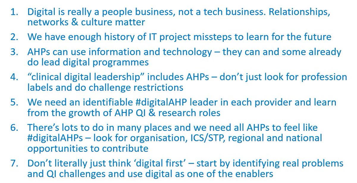 tolanAHP's tweet photo. Some points which came out for me from yesterday's #digitalAHPs AHP digital Forum event yesterday - thinking about AHP digital readiness

Any other thoughts from attendees having slept on it? https://t.co/k3T8Wo6Nz4