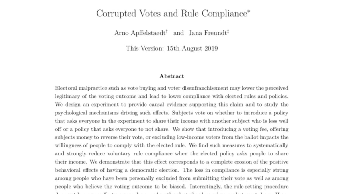 New WP version with <a href="/ArnoApf/">Arno Apffelstaedt</a> 🥳

We show how corrupting democratic institutions by vote buying or voter disenfranchisement (👉<a href="/PippaN15/">Pippa Norris</a>) negatively impacts people’s willingness to comply with elected rules and policies 👇

#Democracy #VoterFraud