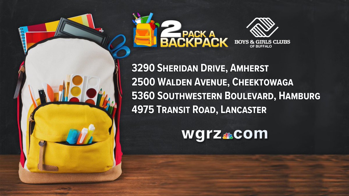 LaurenHall's tweet photo. It’s #2PackABackpack Day! We’ll be collecting school supplies at 8 Wal-Mart locations around WNY, to be distributed to local kids by the Boys and Girls Club. All locations are accepting donations from 9am-8pm. The Sheridan Drive location in Amherst opens at 6am 🚌📚🎒 @WGRZ https://t.co/g7bc1hjtDX