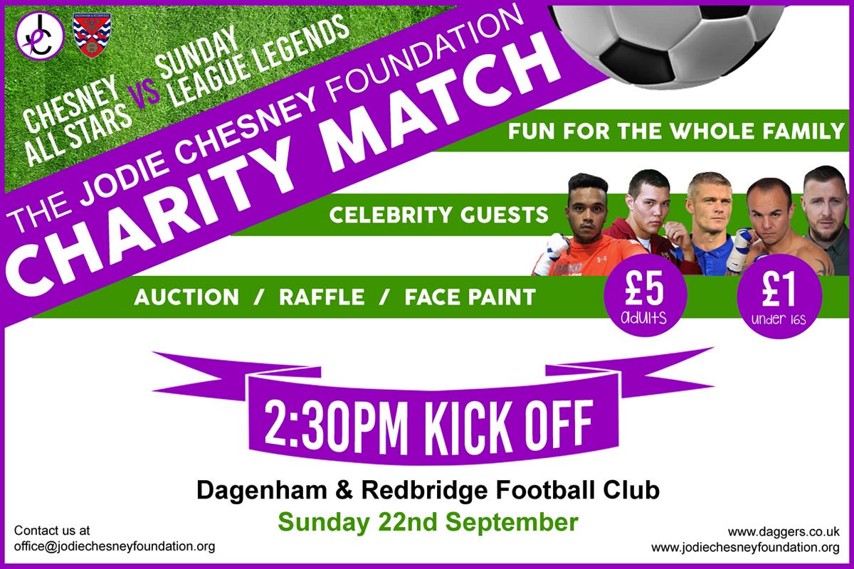 Dag_RedFC's tweet photo. ⚔️ The Jodie Chesney Foundation Charity Match ⚽️ 

This football match at Dagenham &amp; Redbridge FC (Jodie’s hometown) will be the launch of the Jodie Chesney Foundation. 

@jodiechesneyfdn 

Full info 👉 https://t.co/7JCNweqojs 

#COYD⚔️ https://t.co/OXV4Yg8VI6