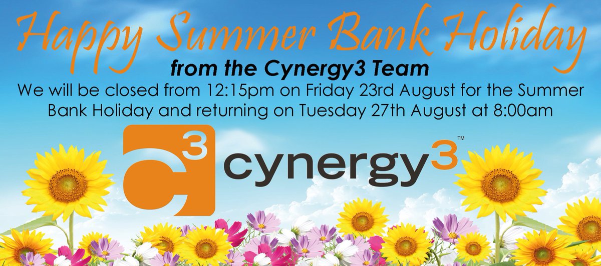 Cynergy31's tweet photo. Happy Summer Bank Holiday from everyone at Cynergy3

We will be closed from 12:15pm on Friday 23rd August returning on Tuesday 27th August at 8:00am

#cynergy3 #components #sensors https://t.co/9hnPXhhr8A