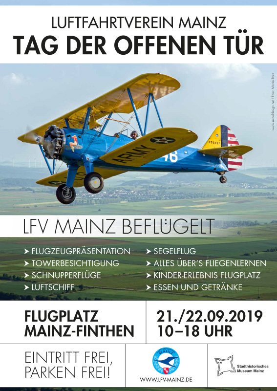 FlugplatzMainz's tweet photo. Tag der offenen Tür, 21./22.09.2019
Flugplatz Mainz-Finthen
- Flugzeugpräsentation
- Towerbesichtigung
- Kleine Luftfahrt aus der Cockpitperspektive
- Segelflug
- Führung durch das Naturschutzgebiet
- Kinderprogramm
- Essen &amp; Getränke

Eintritt frei, Parken frei!
#EDFZ https://t.co/1aCgFbdedn
