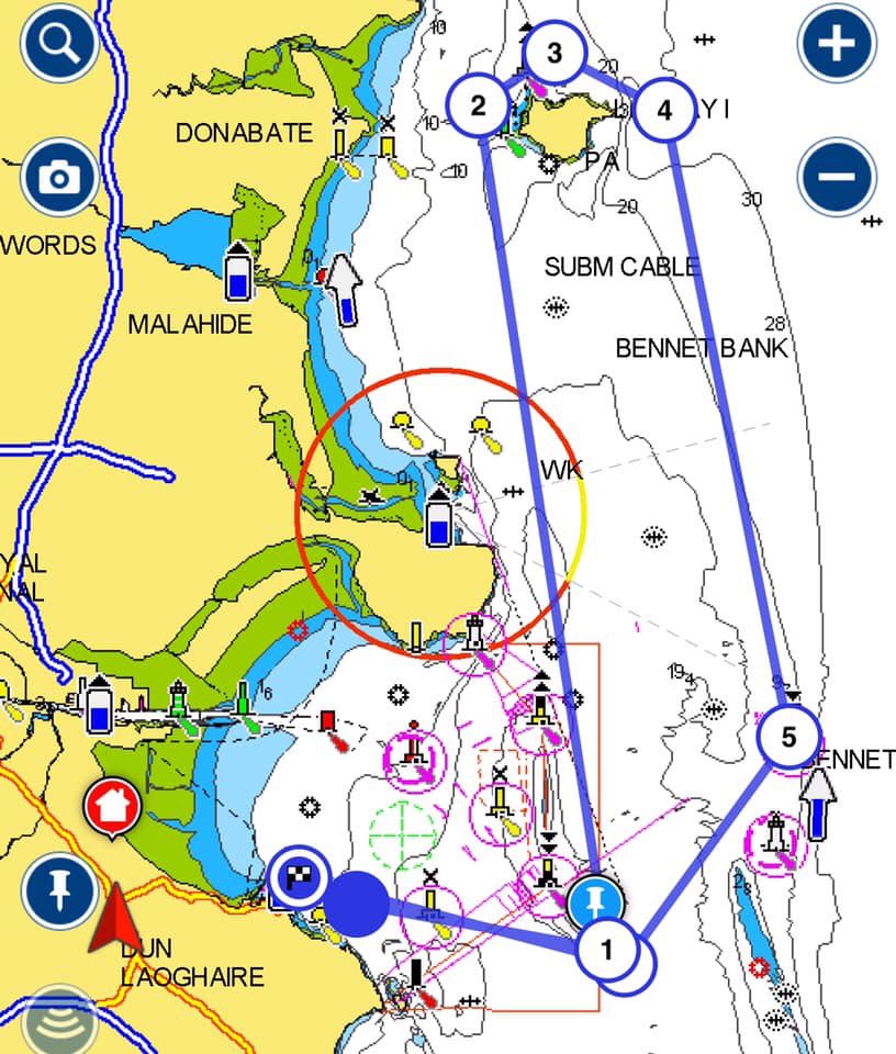 ISORA Dun Laoghaire Night Race. 
Friday 16th August Start 20.00
Course:
STARTING LINE at Dun Laoghaire (As Defined)
ISORA Dublin (P) - N53° 17.110’ W6° 00.100’ – Virtual Mark
Taylor’s Rock Cardinal (S)
Lambay (S)
Bennet (S)
ISORA Dublin (S)
37 miles. FINISH LINE at Dun Laoghaire