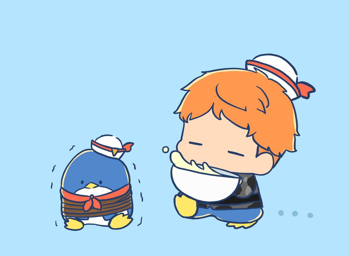 penguin bird hat 1boy orange hair male focus blue background  illustration images