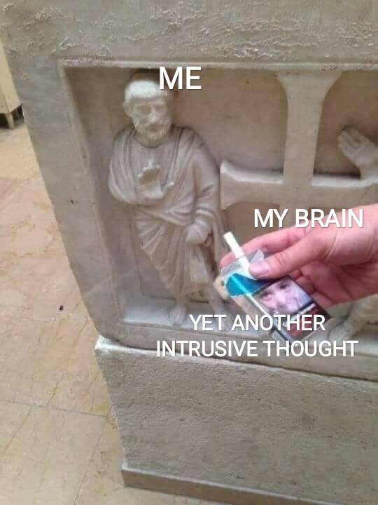 Usimoc's tweet photo. Another meme about acknowledging the thoughts with a "thank you brain," without engaging in compulsions to push them away. https://t.co/uOw4haTECt